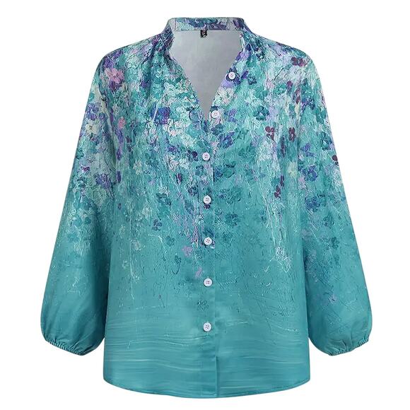 NWT Flamingo Blue Floral Print Stretch Button Up Shirt Women's Medium - Picture 1 of 7